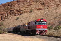 The Ghan coming into Alice Springs in Northern Territory thru Heavitree Gap from Adelaide in South Australia.